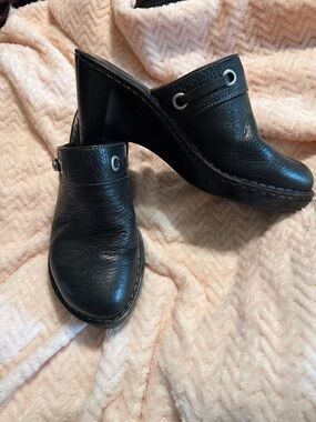 Born Black Leather Slip-On Mule Clogs with Metal Eyelet Detail